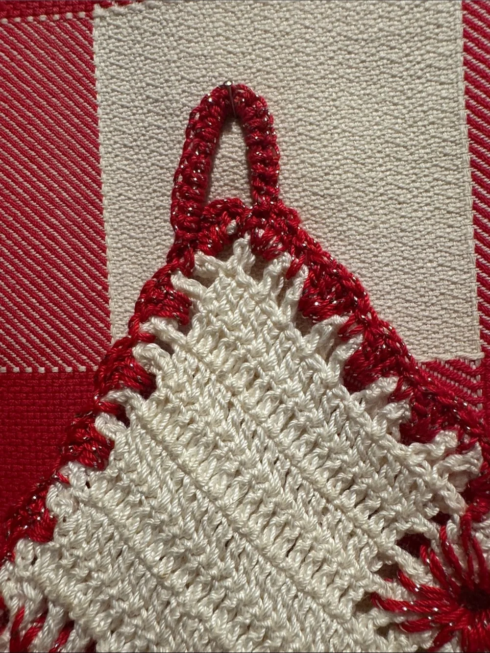 Handmade Cream and Red Crochet Pot Holder